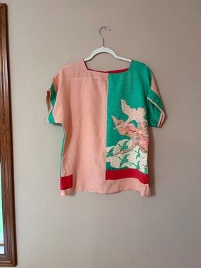 Vintage Shows Era Japanese Silk Kimono Remake Top Hand Stitched Cranes Gold Trim